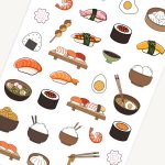 Assorted sushi and Japanese food stickers on washi paper sheet.