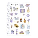 Watercolour Aromatherapy sticker sheet, Provence lavender sprigs, breathe quotes, and zen doodles on a soft pastel background.