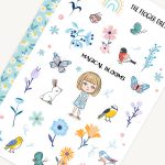 Floral Sticker Sheet with cute girl in blue dress