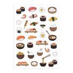 Assorted sushi and Japanese food stickers on washi paper sheet.